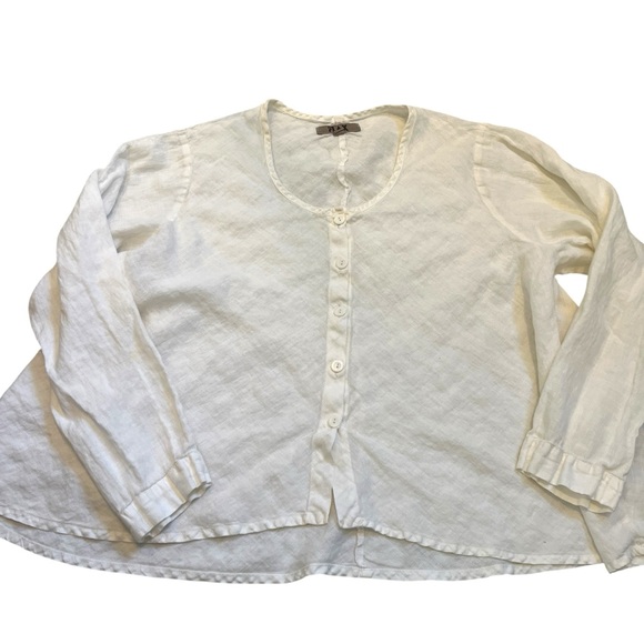 Flax 100% Linen Button Front Top 1G Off White Relaxed Fit Artsy - Picture 2 of 10